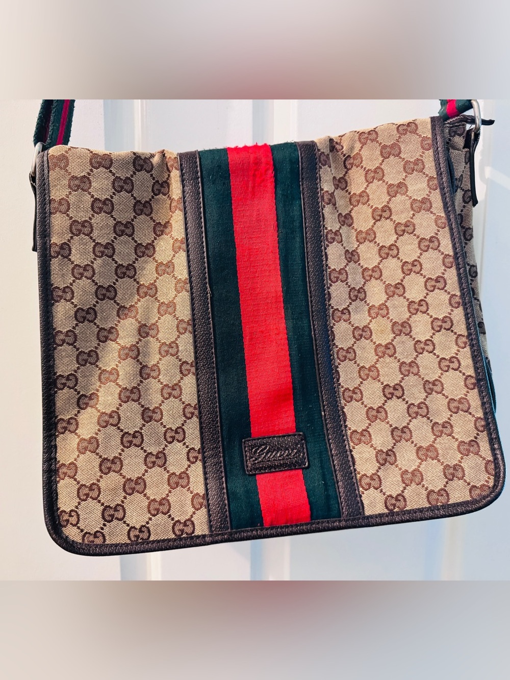 Vintage Gucci GG Canvas Messenger Bag with Web Stripe
